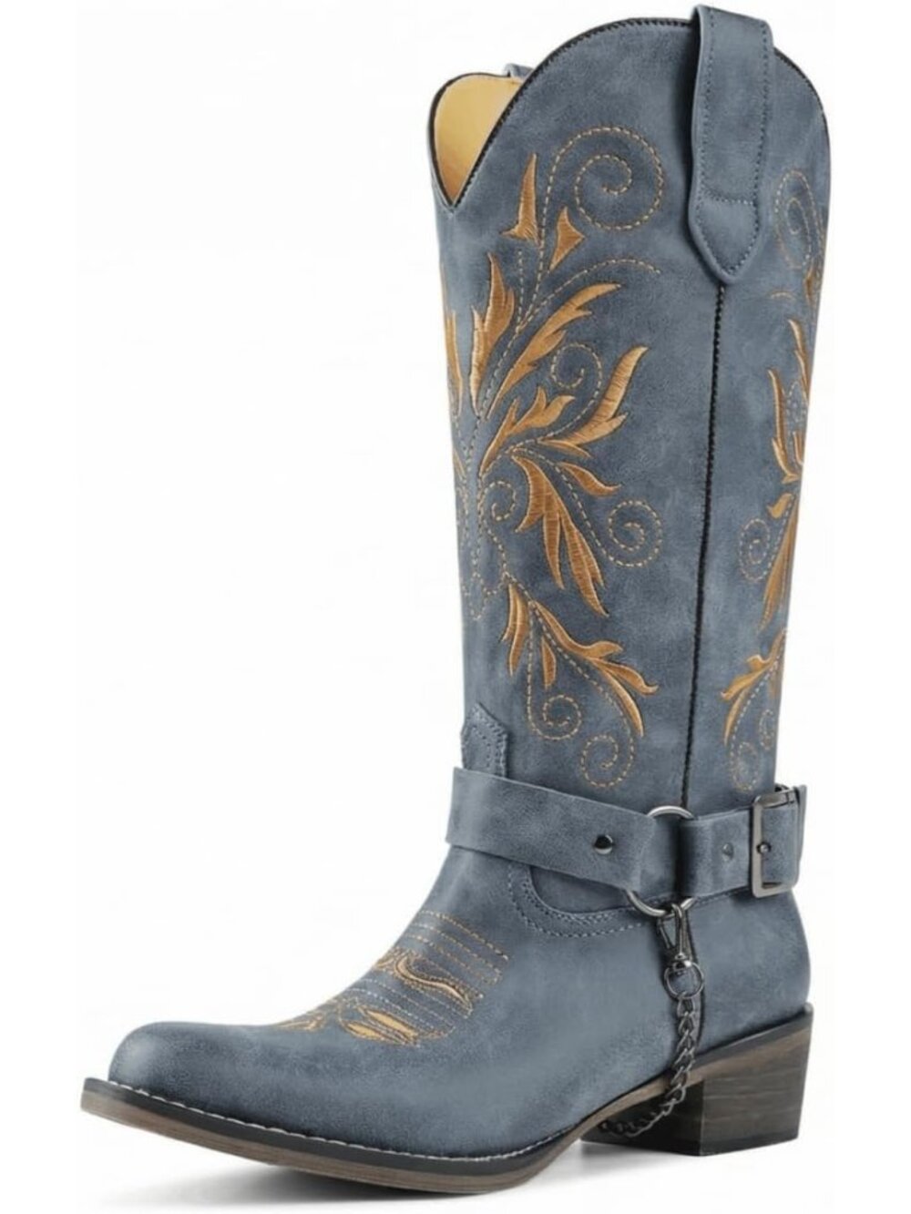 Women's Blue Cowboy Boots Embroidered Mid Calf Removable Belt Low Block Heel